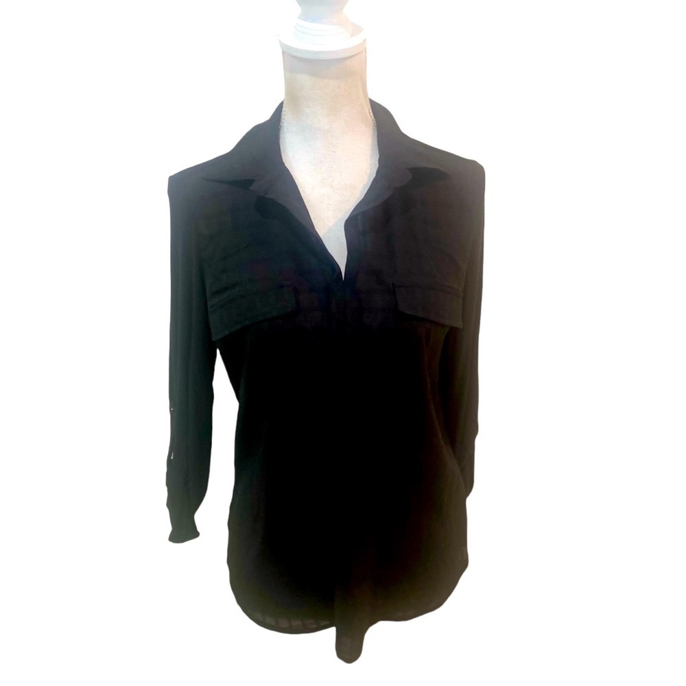 NWT Skies Are Blue black stretch 1/4 neckline patch pockets roll up sleeves MP